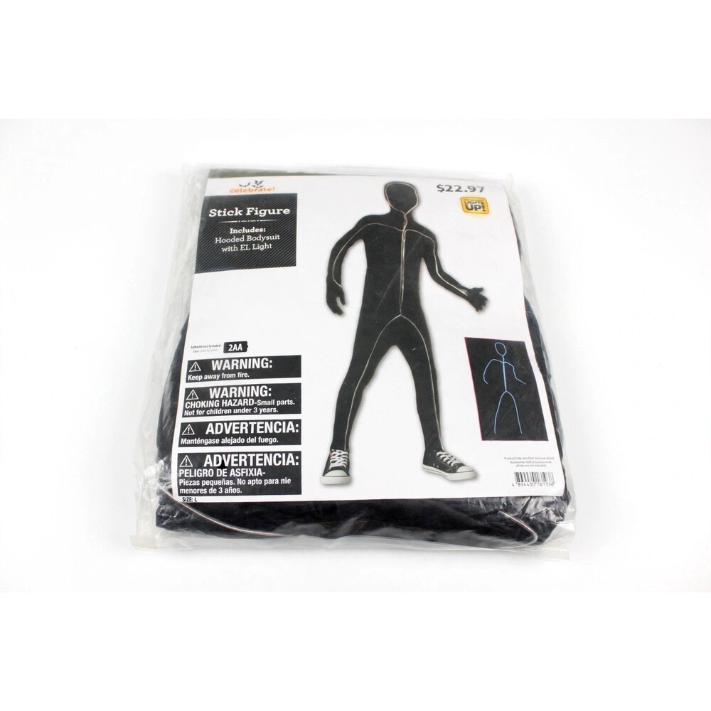 Boys Stick Figure Costume L 14-16 NIP Black Light Up Hooded Bodysuit EL Wire